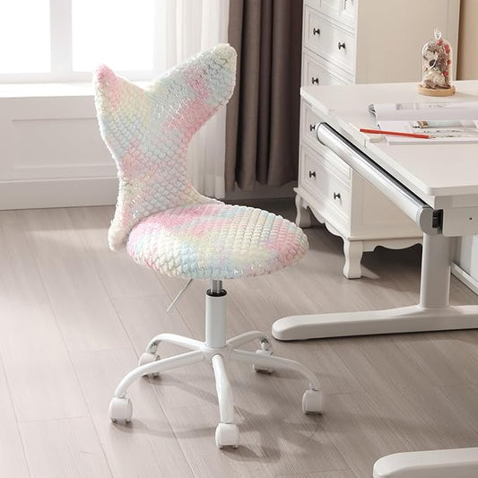 Fuzzy Desk Chair, Cute Swivel Children Desk Chair with Wheels for Kids Bedroom Upholstered Rolling Study Chair Adjustable Computer Chair Mermaid Back Vanity Chair for Teen Girls Boys, Light Colorful