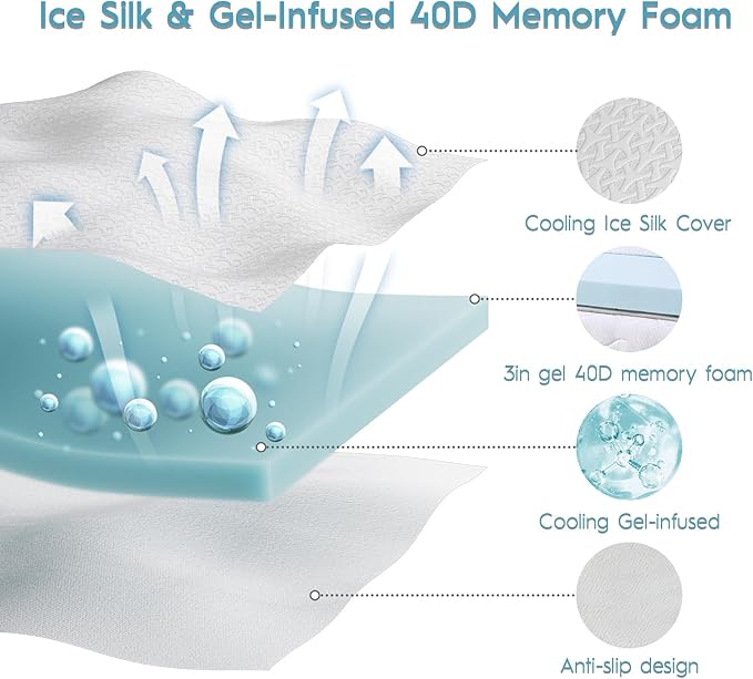 3 Inch Cooling Mattress Topper King, Ice Silk with Gel-Infused 40D Memory Foam Mattress Topper with Removable Soft Cover, Pressure Relief & Non-Slip (White, King)