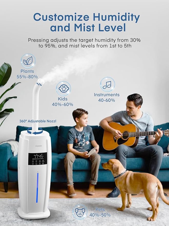 FOHERE 4.8Gal/18L Humidifier Large Room, Easy Top Fill Cool Mist Tower Humidifiers Quiet for Home, Indoor Plant, Commercial, Whole House Cover up to 1500ft², with Smart Humidity Sensor, Remote, White