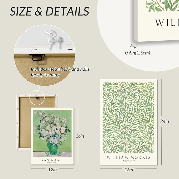 FASWQ Framed Monet Van Gogh William Morris Wall Art, Grass Botanical Wall Decor, Mid Century Impressionist Canvas Paintings, Modern Green Landscape Poster Print for Living Room Bedroom 12"x16"x3