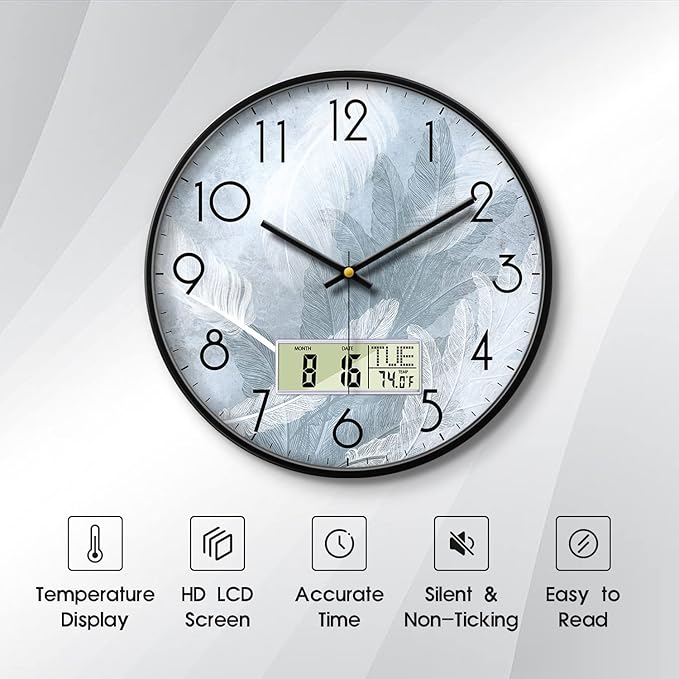 SCAOGE Digital Wall Mount Clock with Date Temperature Day White with Blue Feather Unique Silent Calendar Clocks Battery Operated Large Display Decorative for Bathroom Kitchen Office Bedrooms 12 Inch