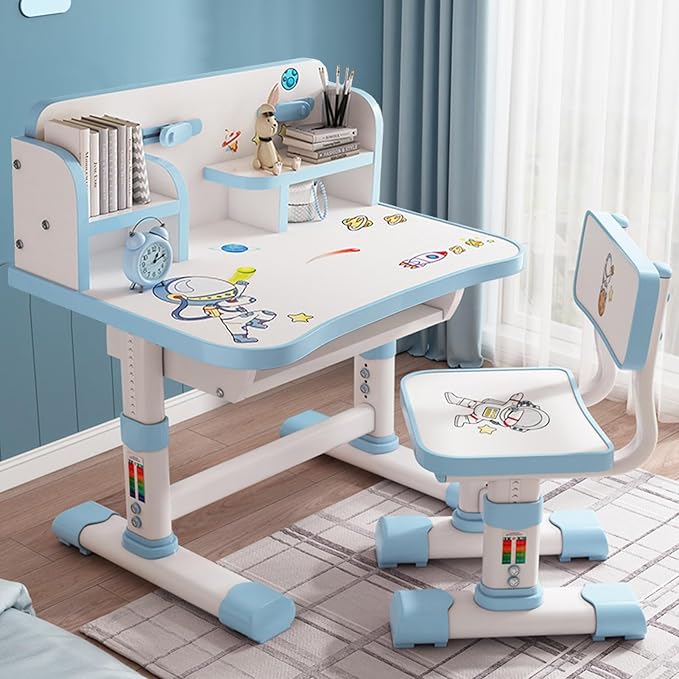 Kids Functional Desk and Chair Set, Height Adjustable Children School Study Table Chair Set with Cartoon Pattern, Ergonomic Desk Chair with Large Writing Board, Bookshelf and Book Bucket Blue