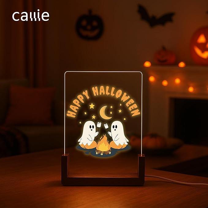 Custom Ghost Campfire Night Light 6.4" | 7-Color LED, Personalized Text | Spooky Ghost Cute Halloween Décor Night Lights Gifts for Kids Family and Friends