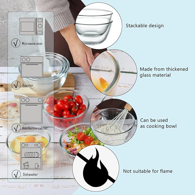 WHJY 3 Pack of Glass Cereal Bowls 6 Inches Glass Mixing Bowls for Kitchen Clear Glass Serving Bowls for Salad Pasta Soup Cereal