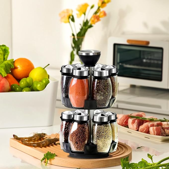 Revolving Spice Rack Organizer Storage for kitchen, Spice Stand Holder, Spinning Countertop Herb and Spice Rack Organizer with 12 Glass Jar Bottles Set
