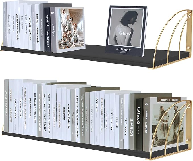 Long 36 inch Black Floating Shelves for Wall - Curved Fan-Shaped Design with Built-in Anti-Slip Book Stops|0.71" Thicker Heavy Duty Wall Bookshelf|Back Gold Shelves for Books, Home Décor Set of 2