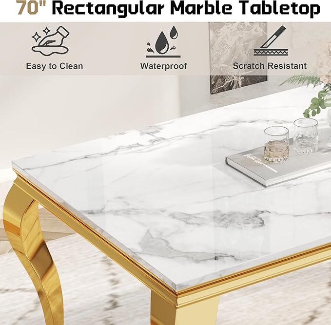 7-Piece Dining Table Set for 6, Faux Marble Modern Dining Table Set with 6 Oval Backrest Upholstered Chairs, 70“ Stainless Steel Legs Table & Chair Set for Kitchen, White & Gold