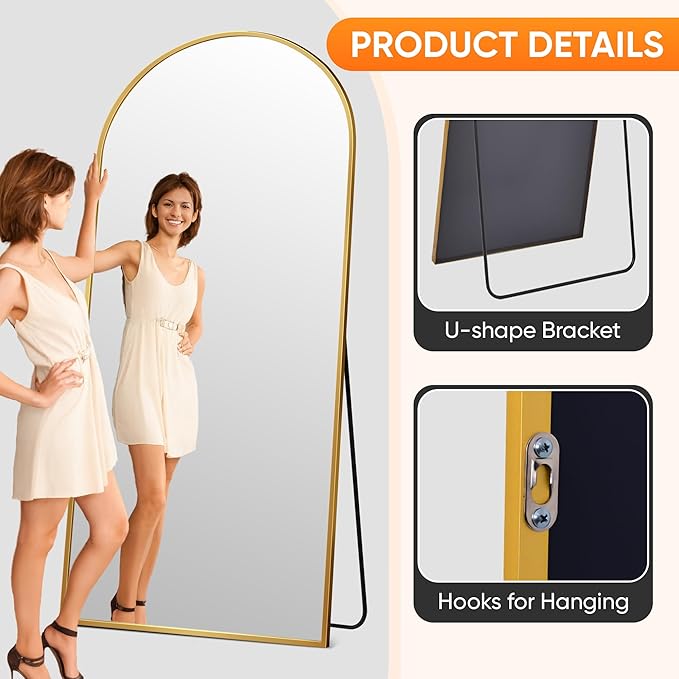 Suidia Full Length Mirror, 58"x19" Floor Standing Mirror Freestanding, Full Body Mirrors with Stand for Bedroom, Hanging Mounted for Living Room Cloakroom, Gold, Arched Style