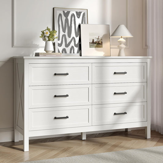 BAZELOR Farmhouse White 6 Drawers Dresser for Bedroom, Wood Rustic Wide Chest with Natural Texture, Storage Dressers Organizer for Bedroom, Hallway, Entryway