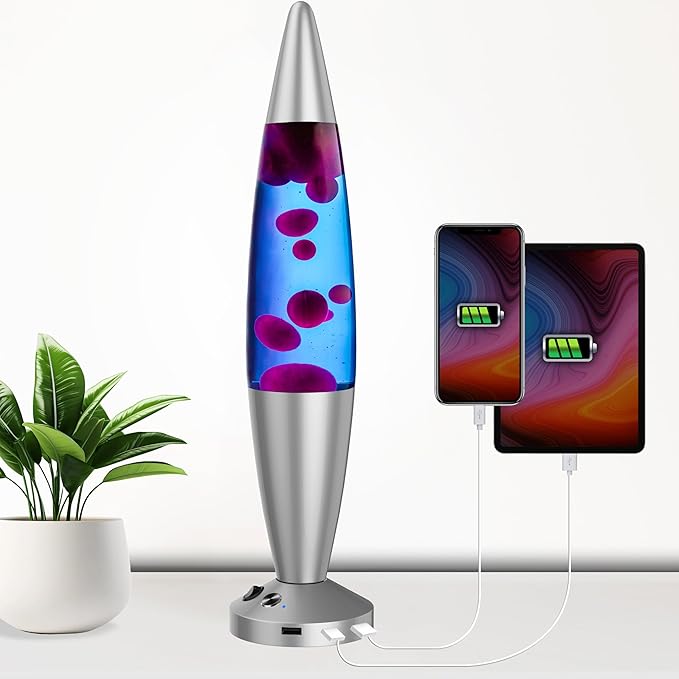 JAMBO Upgraded Motion Lamp – 16" Blue Liquid, Purple Wax – USB Ports, Timer – Night Light for Adults, Teens, Kids – Bedroom, Living Room, Office Décor Lamp