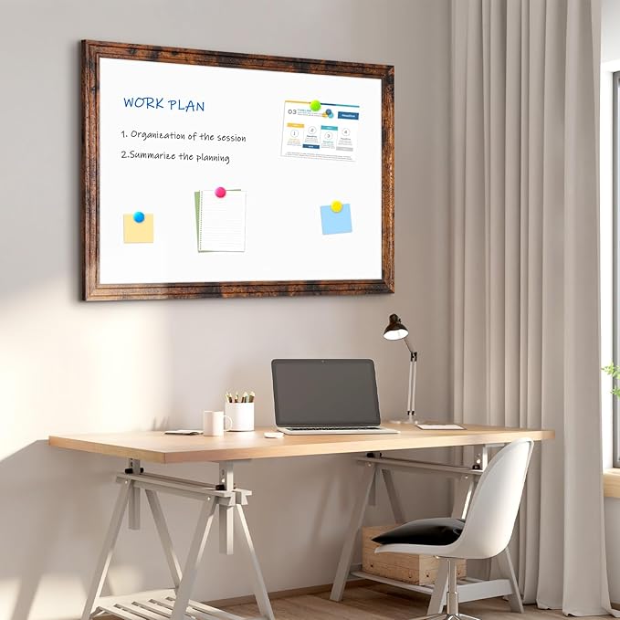 4 THOUGHT Dry Erase Board, 36" x 24" Magnetic Whiteboard Brown Vintage Wood Frame Wall-Mounted White Board Decorative Notice Board School, Office, Home, 6 Magnets 4 Markers 1 Eraser