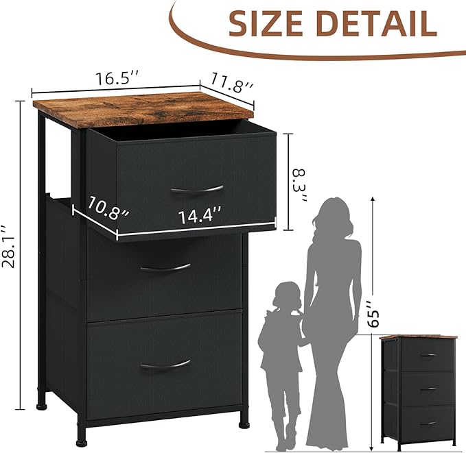 Somdot Small Dresser for Bedroom with 3 Drawers, Nightstand Storage Chest of Drawers with Removable Fabric Bins for Closet Bedside Living Room Laundry Entryway Hallway, Black Rustic Brown