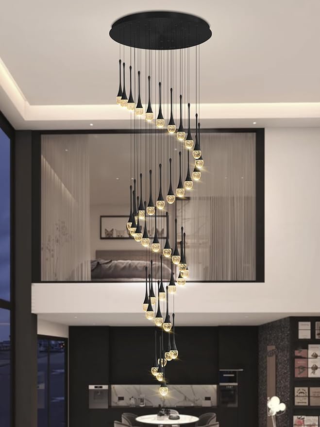 Staircase Chandelier 42-Lights Crystal Ceiling Lights Adjustable Length 197inches Large Chandeliers for High Ceilings, Entryway Lighting Fixture Black