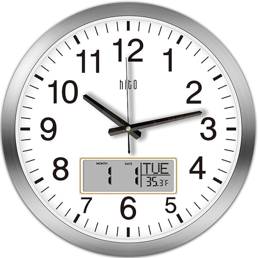 HITO 14 Inch Silent Wall Clock Battery Operated with Temperature and Date, Large Wall Clock for Living Room Decor, Office, Classroom, Bedroom