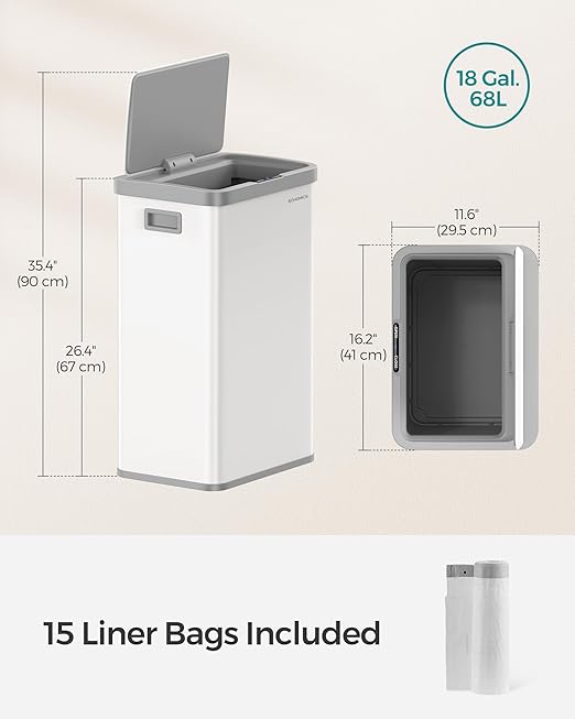 SONGMICS Motion Sensor Trash Can, 18-Gallon (68L) Automatic Kitchen Garbage Can with Stay-Open Lid, Soft Close, Stainless Steel, 15 Trash Bags Included, Cloud White ULTB630W68