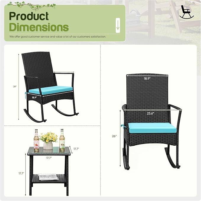 Flamaker Rocking Chair Outdoor PE Rattan Patio Chairs with Glass Table High Back Porch Rocker for Balcony, Garden, Backyard (Blue)