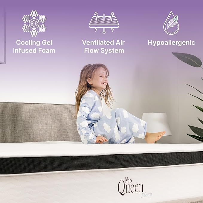 NapQueen King Mattress, 8 Inch Maxima Hybrid Cooling Gel Infused Memory Foam, Medium Firm, CertiPUR-US Certified, White & Gray