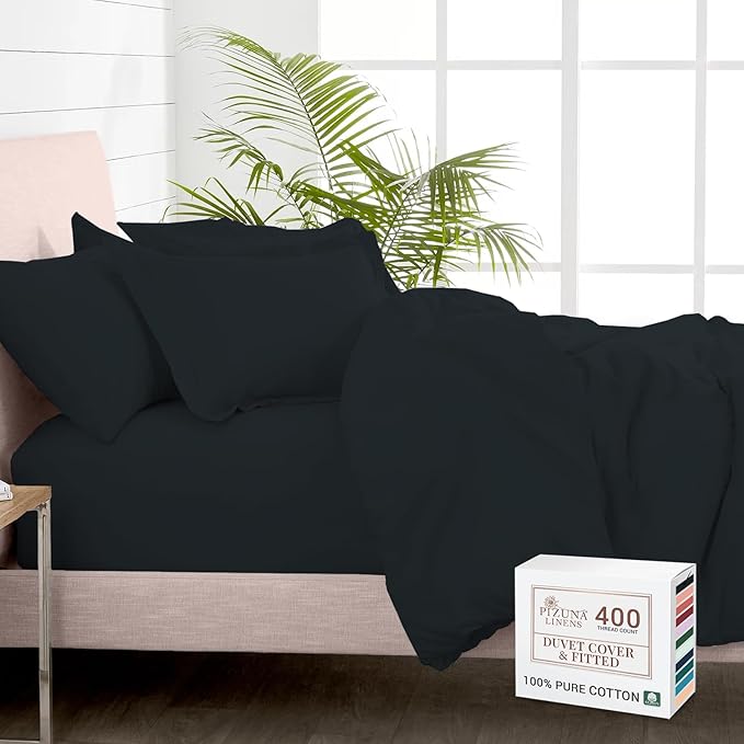 Pizuna 100% Cotton Queen 3 Pc Duvet Cover + 1 Pc Fitted Sheet Set 400 Thread Count Black Sateen Weave Luxurious Long Staple Cotton 4 Piece Bedding Set - 1 Duvet Cover, 2 Pillow Shams, 1 Fitted Sheet