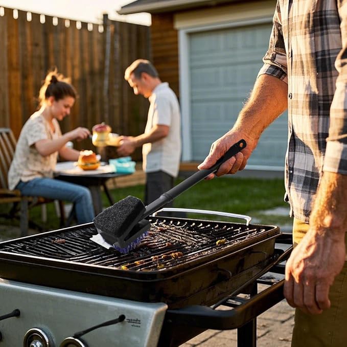 Nylon Bristle Grill Brush for BBQ - Heavy Duty Grill Cleaning Kit with Scraper, Safe for All Grill Types - Non-Scratch Bristles & Long Plastic Handle - Outdoor Barbecue Brush and Accessories