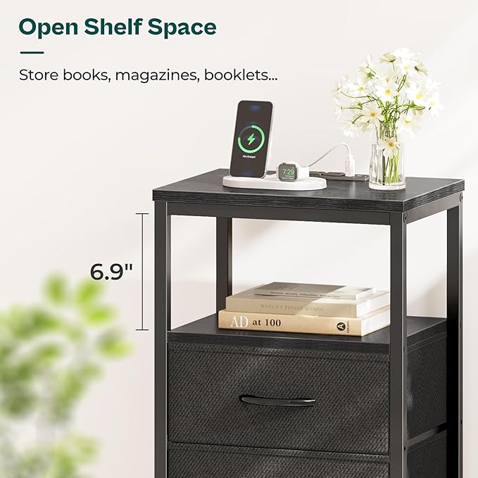 Huuger Nightstands Set of 2, End Tables with Charging Station, Side Tables with Fabric Drawers, Bedside Tables with USB Ports and Outlets, Night Stands for Bedroom, Black