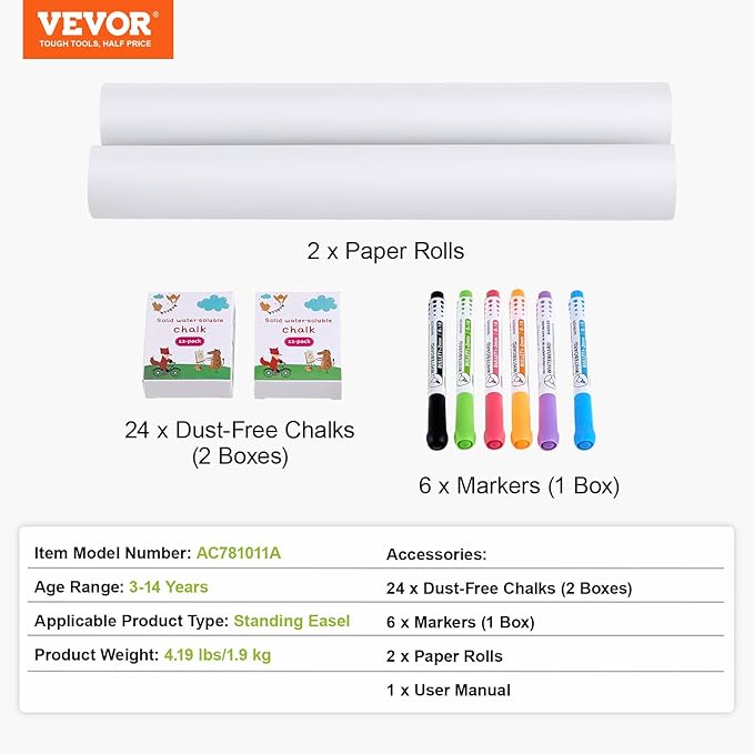 VEVOR Easel Accessory Set, 32 PCS Kid's Art Easel Painting Kit Including Chalks, Dry-Erase Markers & Paper Rolls, Art Supplies Set for Standing Easel, Painting Kit for Toddlers Boys and Girls