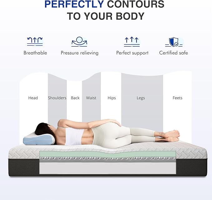 12 Inch Queen Green Tea Memory Foam Mattress for Cool Sleep & Pressure Relief, Bed in a Box, Removable Cover No Fiberglass, CertiPUR-US Certified