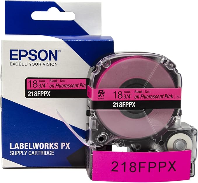 Epson LABELWORKS 218FPPX Genuine PET (Polyester) Tape Cartridge - Black on Fluorescent Pink Label Maker Tape - 3/4" (18MM) Wide, 30'