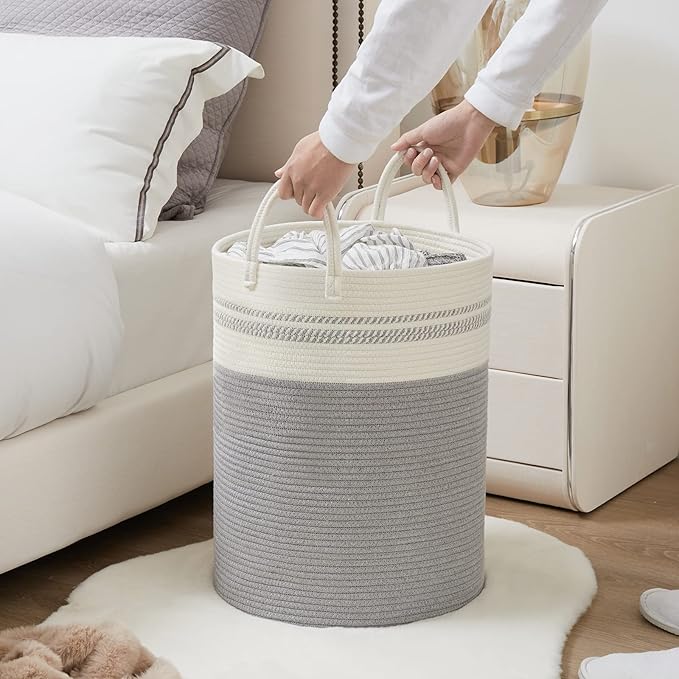 Woven Rope Laundry Hamper Basket, 72L Tall Luandry Basket, Baby Nursery Hamper for Blanket Storage, Clothes Hamper for Laundry in Bedroom-Large-Grey