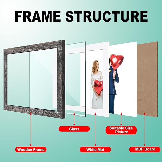 RPJC 8x8 inch Soild Wood Picture Frame with High Definition Glass Display Pictures 4x4 with Mat or 8x8 Without Mat for Wall Mounting Hanging Photo Frame Driftwood Finish