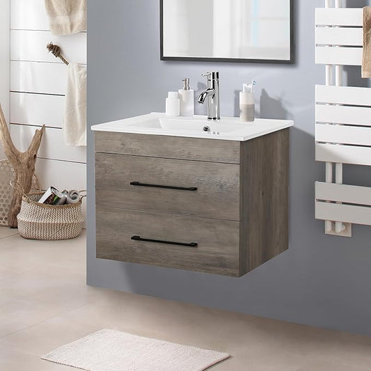 Goujxcy 24" Wall Mounted Bathroom Vanity with Sink, Modern Floating Bathroom Cabinet with Ceramic Sink & Double Drawers, Wood Hanging Bath Room Cabinet with Soft-Close System (Grey)