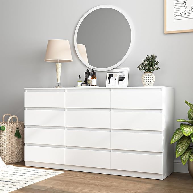 White Dresser for Bedroom,Modern Long 12 Drawer Dresser with Deep Drawer,Wood Storage Chest of Drawer, Bedroom Storage Organizer,TV Stand for Living Room