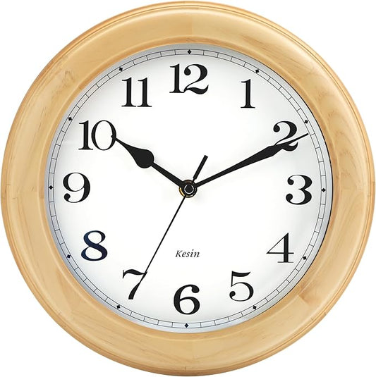 Wooden Analog Wall Clock, 11 inches Round Wall Clocks Battery Operated Silent Non-Ticking, Large Roman Numerals, Traditional Design for Kitchen Living Room Classroom Gym, Natural Grain