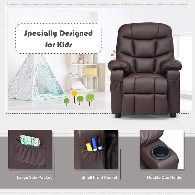 Kids Recliner, Kids Recliner Chair w/ 2 Cup Holders, PU Leather Kids Chairs Compy w/Adjustable Backrest & 3 Pockets, Toddler Furniture Sofa for Boys Girls Aged 3+ (Brown)