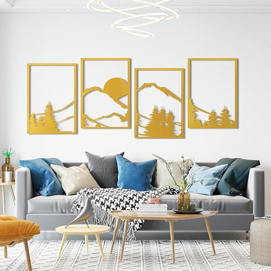 Art3d Black Metal Wall art, 4 Pieces Wall Decor for Living Room Bedroom Hallway Hotel, Natural Mountain Wall Art Style, Line Art Wall Décor