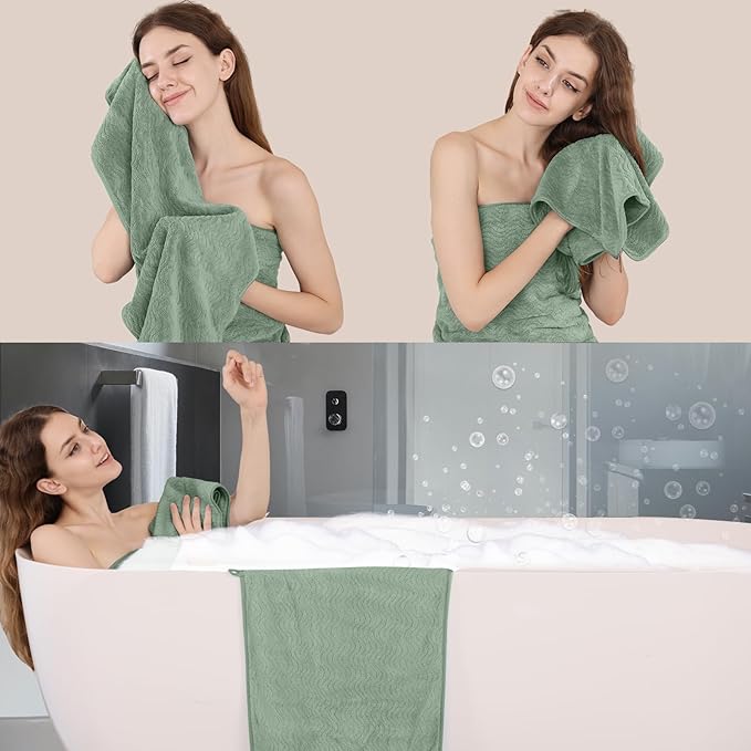 Green Bath Towels Set of 8, Quick Dry Bathroom Towel Textured,2 Oversized Bath Sheets/2 Hand Towels/4 Washcloths,Microfiber Shower Towels Large Ultra Soft Hotel Absorbent Towels For Bathroom Spa Gym