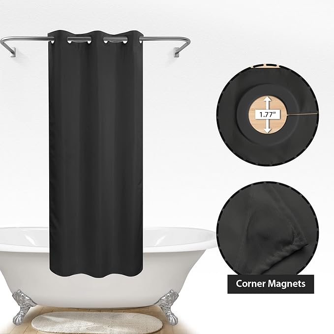 River Dream Stall Size No Hook Black Shower Curtain Soft Microfiber - 36" Wide Small Fabric Shower Curtain Set for Narrow Stall, Waterproof & Washable, Bottom Magnets, Black, 36x74