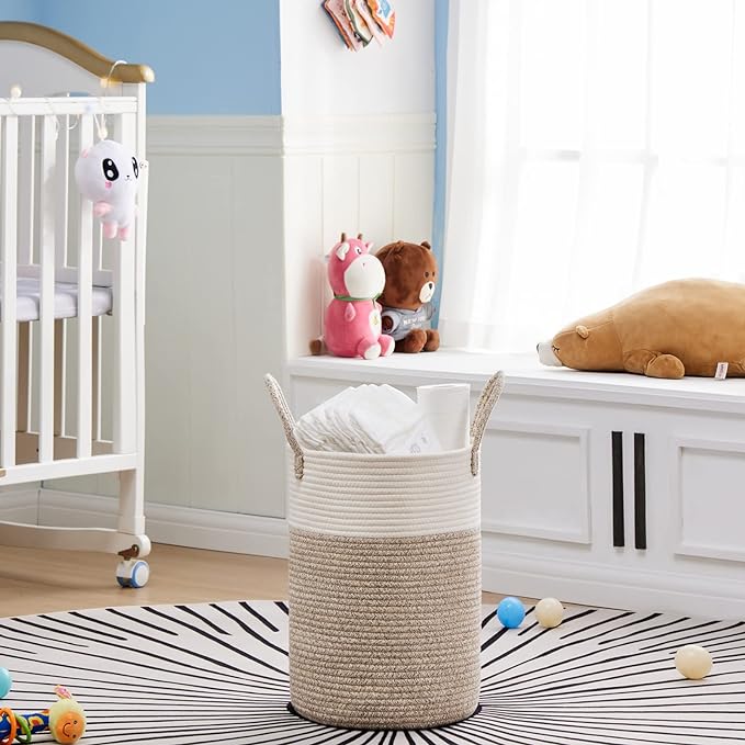 VIPOSCO Tall Laundry Hamper, Woven Rope Storage Basket for Blanket, Toys, Dirty Clothes in Living Room, Bathroom, Bedroom - 30L White & Brown
