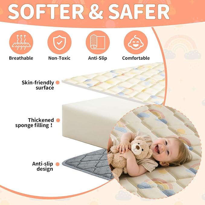 Baby Play Mats for Floor - 65x50 In Thicken Soft Padding Foam Playmats for Toddlers Playpen - Non-Slip Baby Activity Mat for Tummy Time & Crawling - Foldable Play Mat Machine Washable, Rainbow
