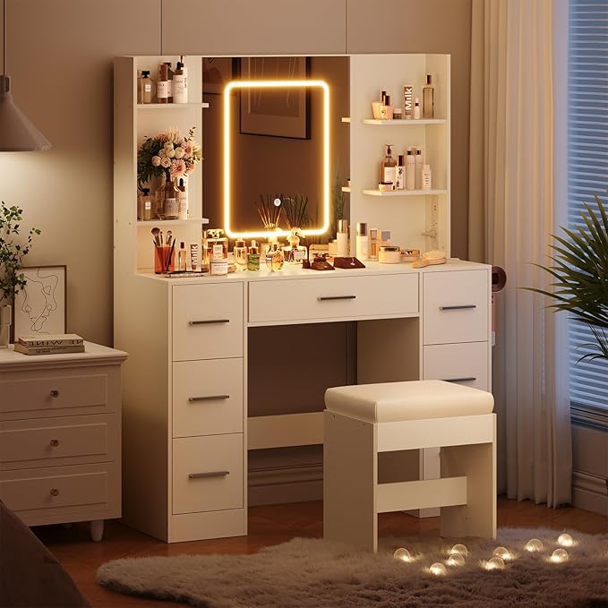 Hetoy Vanity Desk with Mirror and Lights - Makeup Vanity Desk with Chair - Dressing Table with 7 Drawers and Hair Dryer Rack for Bedroom