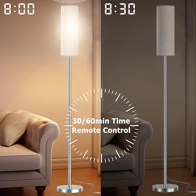 Floor Lamp for Living Room Bedroom, Modern Floor Lamp with Remote,Stepless Dimmable,Nickel Pole and Beige Linen lampshade （12W Bulb Included）