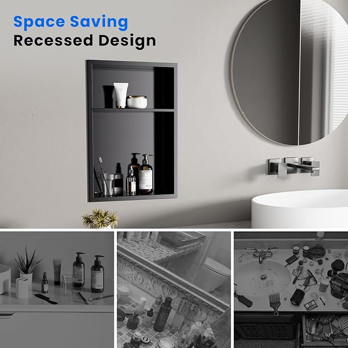 POPFLY 12"x18" Stainless Steel Shower Niche, Recessed Bathroom Storage with Double Shelves, No Tile Needed 2 Level Insert Corners Wall Niche for Shower Room, Dark Grey