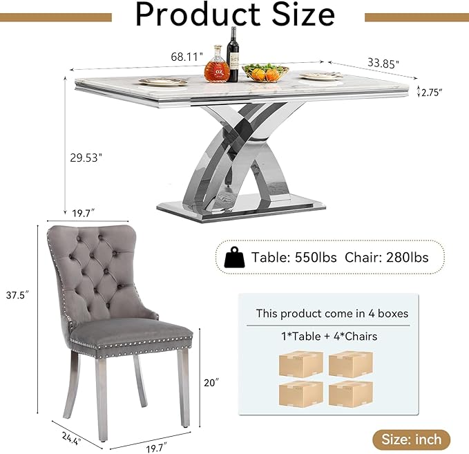 Goujxcy 5-Piece Dining Table Set Modern Faux Marble Dining Table Set for 4, Luxury 68" Long Faux Marble Kitchen Table with 4 Velvet Upholstered Chairs, Mirrored Stainless Steel Base