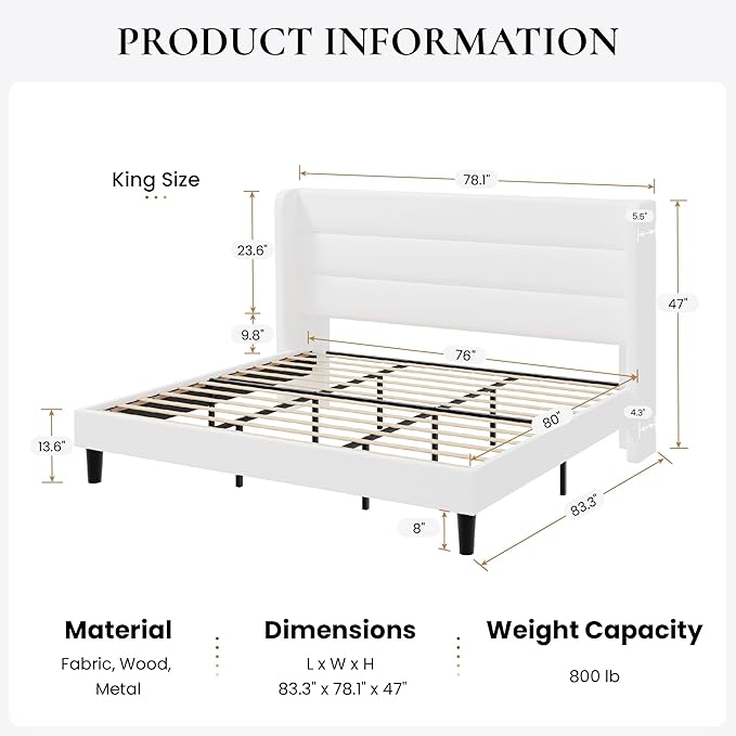 SHA CERLIN King Size Velvet Bed Frame/Vertical Channel Tufted Wingback Headboard/Upholstered Platform Bed with Wooden Slats/Mattress Foundation/No Box Spring Needed/Easy Assembly/White