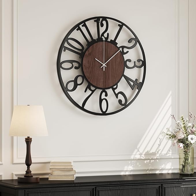 16 inch Wall Clock Battery Operated, Modern Round Big Wood Decorative Metal Wall Clock for Living Room, Non Ticking Silent Black Clocks, Bedroom, Kitchen, Farmhouse, Office Decor-Arabic Numerals