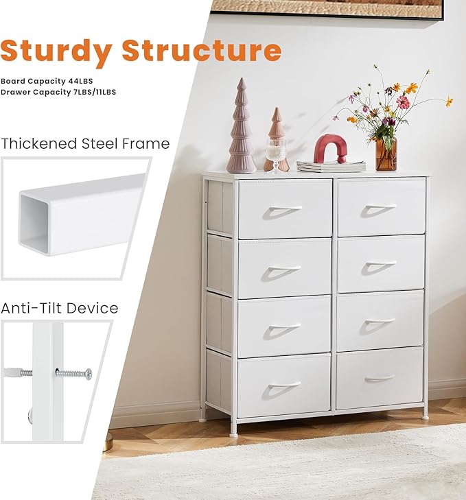 DUMOS Dresser for Bedroom with 8 Fabric Drawers, Tall Chest Organizer Units for Clothing, Closet, Kidsroom, Storage Tower with Cabinet, Metal Frame, Wooden Top, Lightweight Nursery Furniture, White