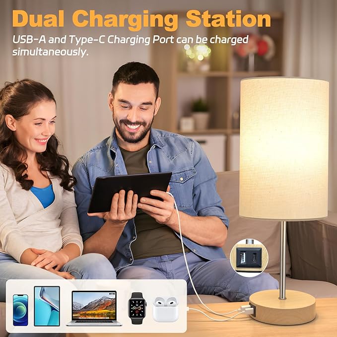 AKASUKI 18Inch Table Lamp with Dual Charging Station, 3 Way Dimmable Touch Lamp for Bedroom, Living Room, Office(LED Bulb Included)