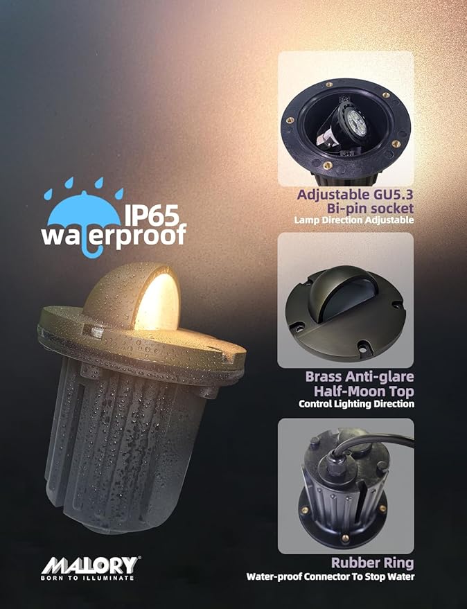 MALORY Brass Top Cover Landscape Well Lights,（6‘’H 12V Low Voltage Outdoor In Ground Lights,Landscape Lighting for Pathway, Driveway and Garden (Beacon Top, 4-Pack with Bulb)