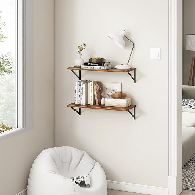 Fun Memories 27.5" W x12 D Floating Shelves, Large Wall Shelves 27.5 Inch Long, Set of 2, Farmhouse Wood Floating Shelf Wall Mounted, Deep Shelves for Bathroom, Living Room, Kitchen, Walnut Color