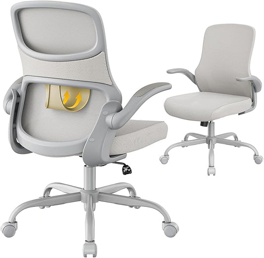 Office Chair, Mesh Ergonomic Desk Chairs, Lumbar Support, Adjustable Height, Flip-up Armrests, Swivel Function and Smooth-Rolling Wheels for Home, Office and Gaming (Gray)