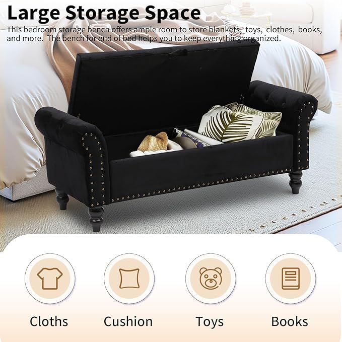 Storage Ottoman Bench with Arms, Velvet End of Bed Bench for Bedroom, Button Tufted Storage Bench for Entryway, Living Room,Hallway, Large Storage Bench Foot Rest (New Black)
